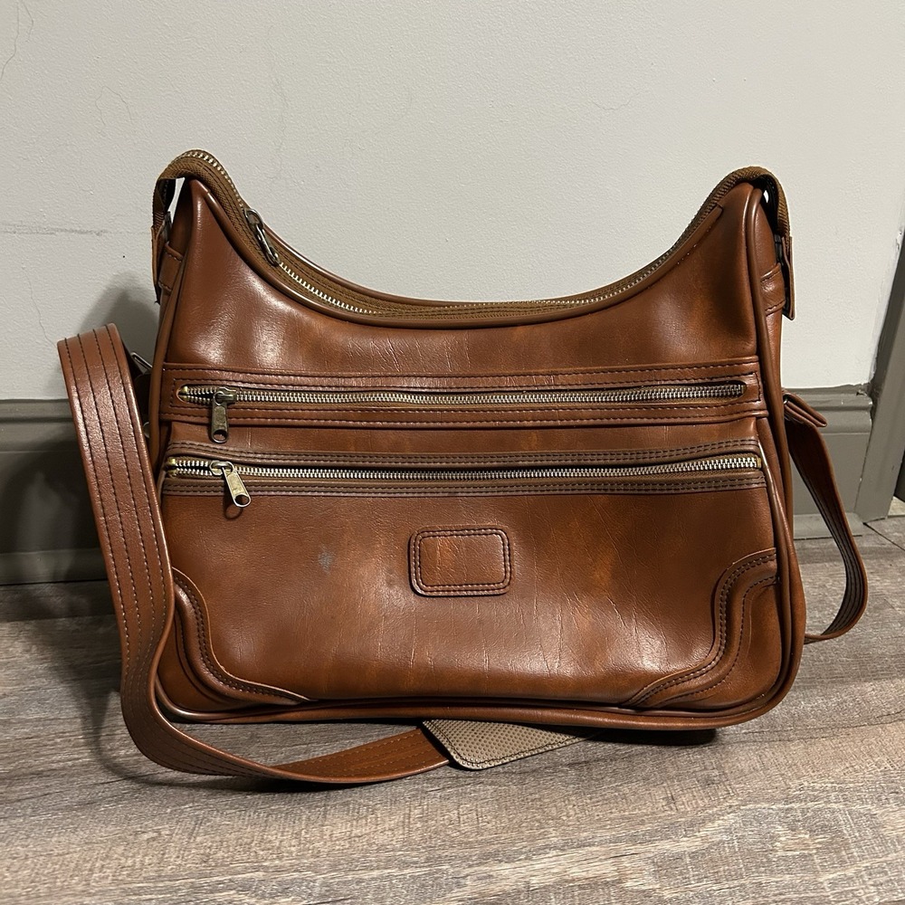 VTG SEARS Faux Leather Brown Overnight Travel Messenger Bag Vegan YKK Zipper